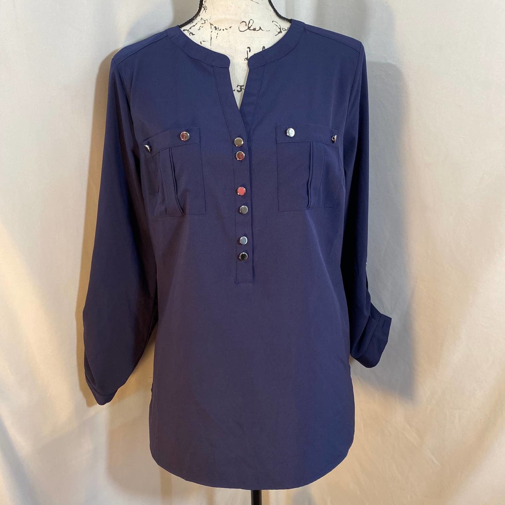 Notations V-Neck Roll Up Sleeve Half Button Down Navy Tunic Sz M